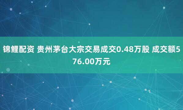 锦鲤配资 贵州茅台大宗交易成交0.48万股 成交额576.00万元